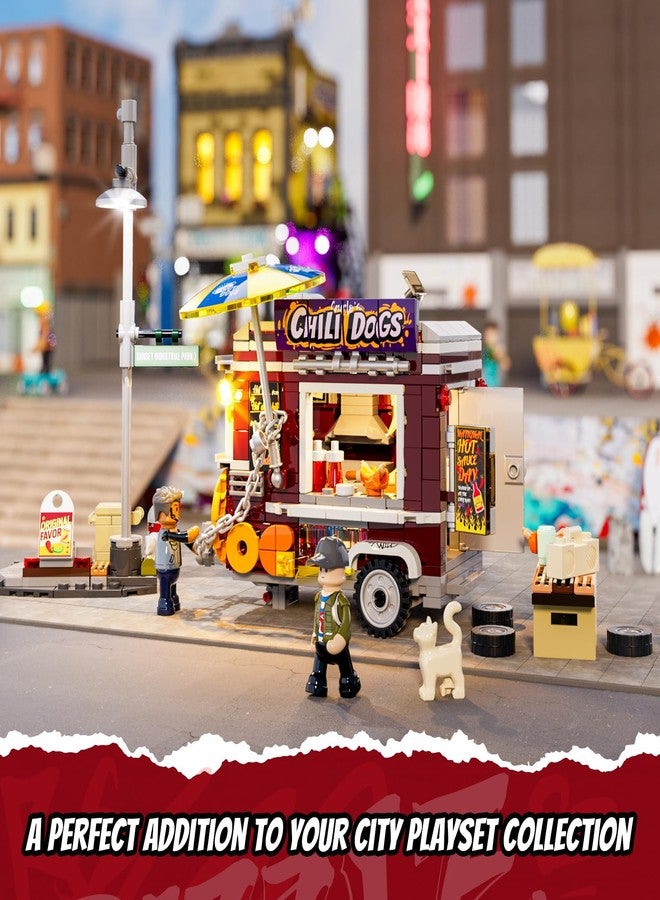 FUNWHOLE Chili Dog Trailer Lighting Building Bricks Set - Street Fusion City Town Hot Food Truck with LED Light Display Kit 515 Pcs for Adults & Teens & Street Cultrue Lovers - Image 5